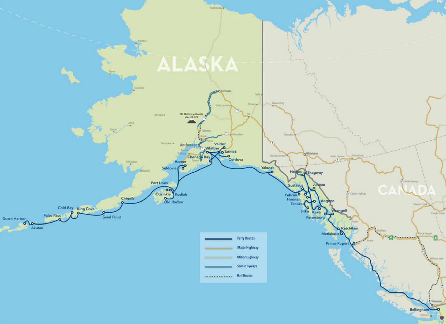 Alaska Ferry Route Map - seeing Alaska without a cruise