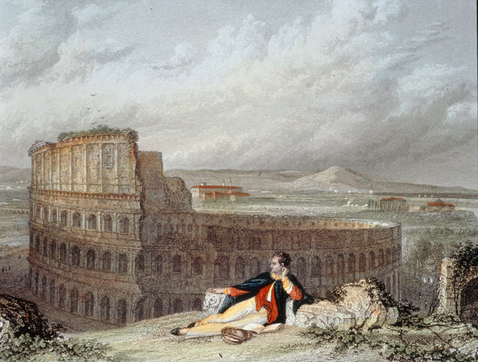 Lord Byron contemplating the Colosseum in Rome. By engraver James Tibbitts Willmore or Arthur Willmore, after the original composition by William Westall.