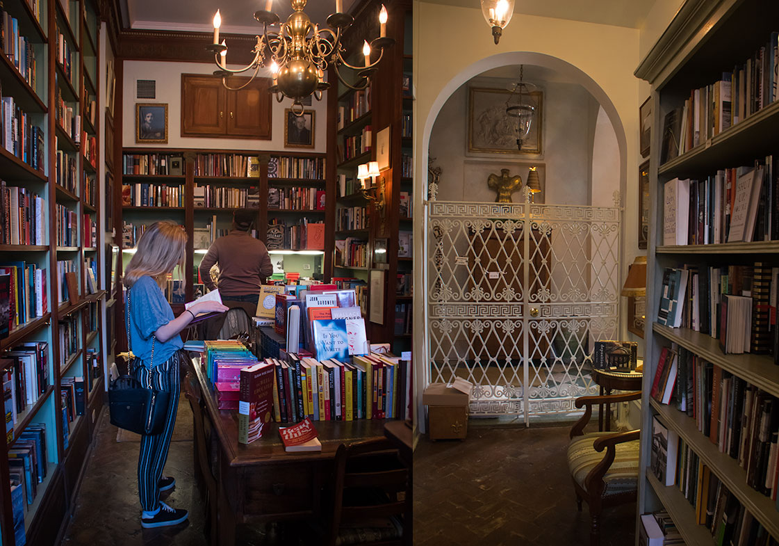 My daughter Catherine browsing a selection of books at Faulkner House.