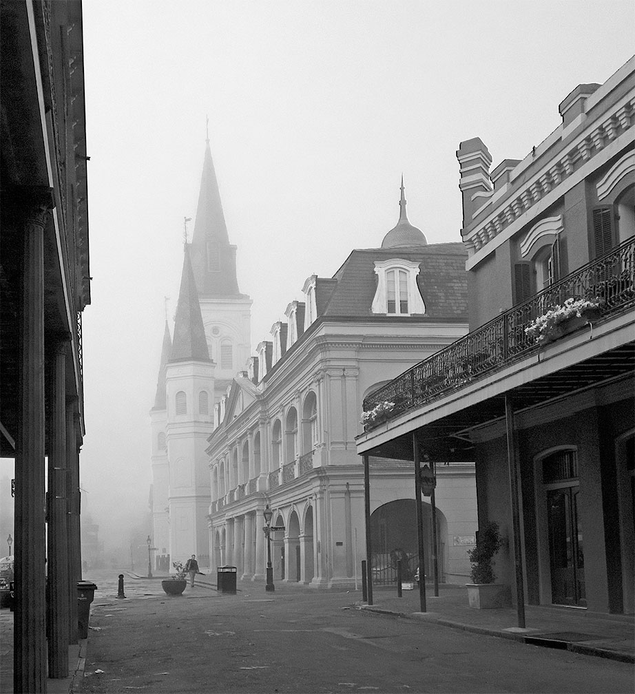 St. Louis Cathedral in early morning fog.