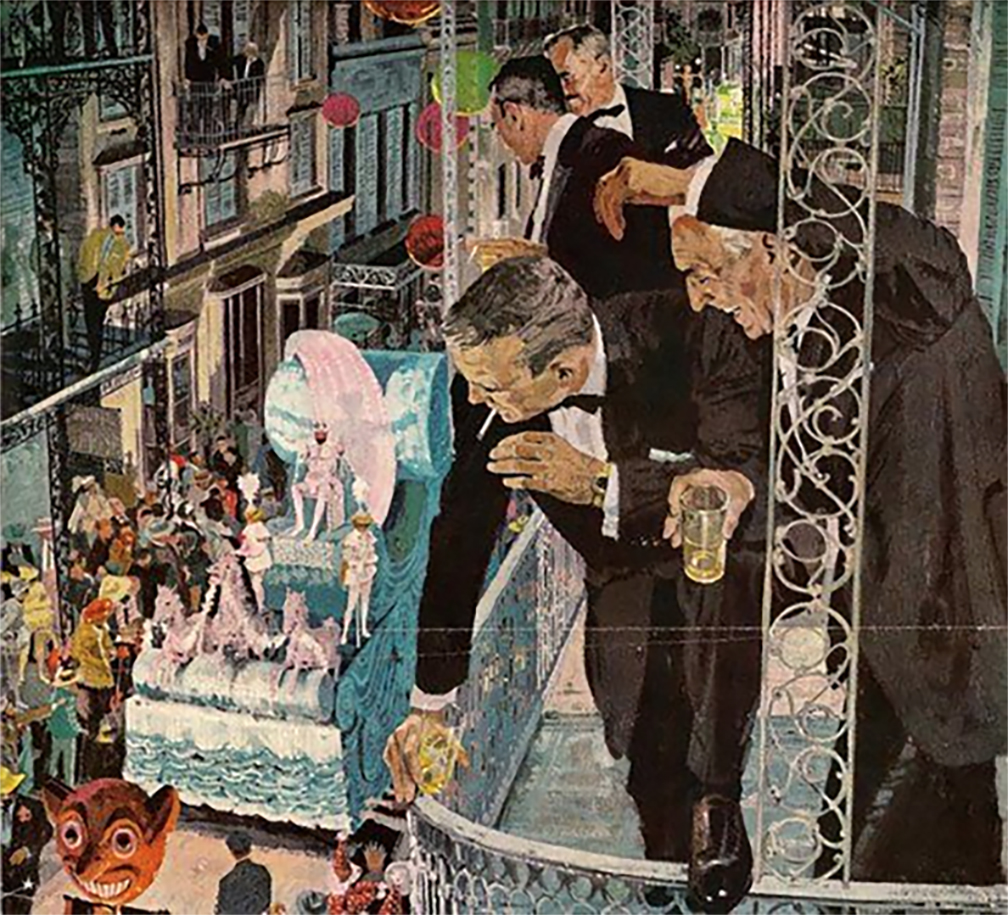 Bernie Fuchs' illustration of Mardi Gras in the French Quarter, 1960's.