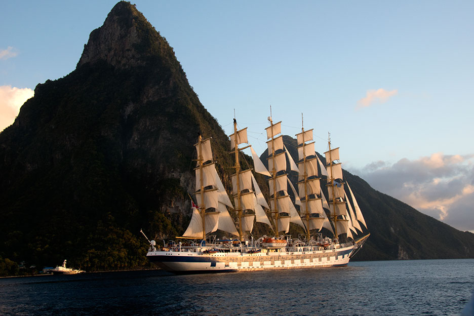 Royal Clipper sails past the Pitons of St. Lucia