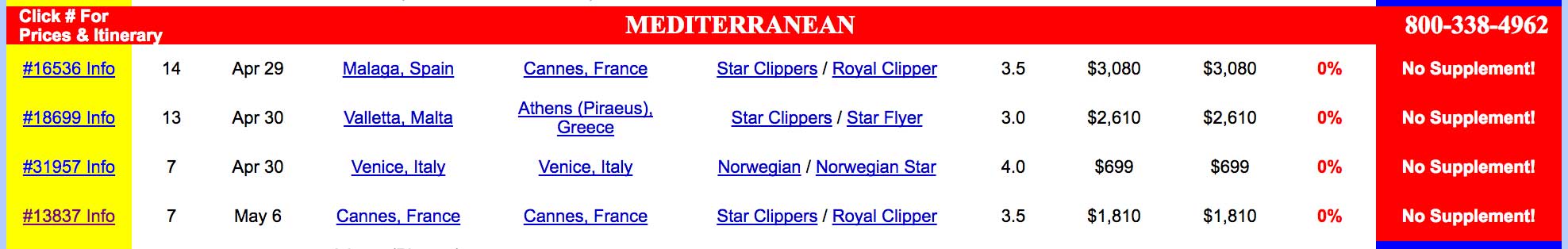 Screenshot from the Vacations to Go site, taken April 27, 2017, showing no single supplement cruises on Star Clipper's cruises.