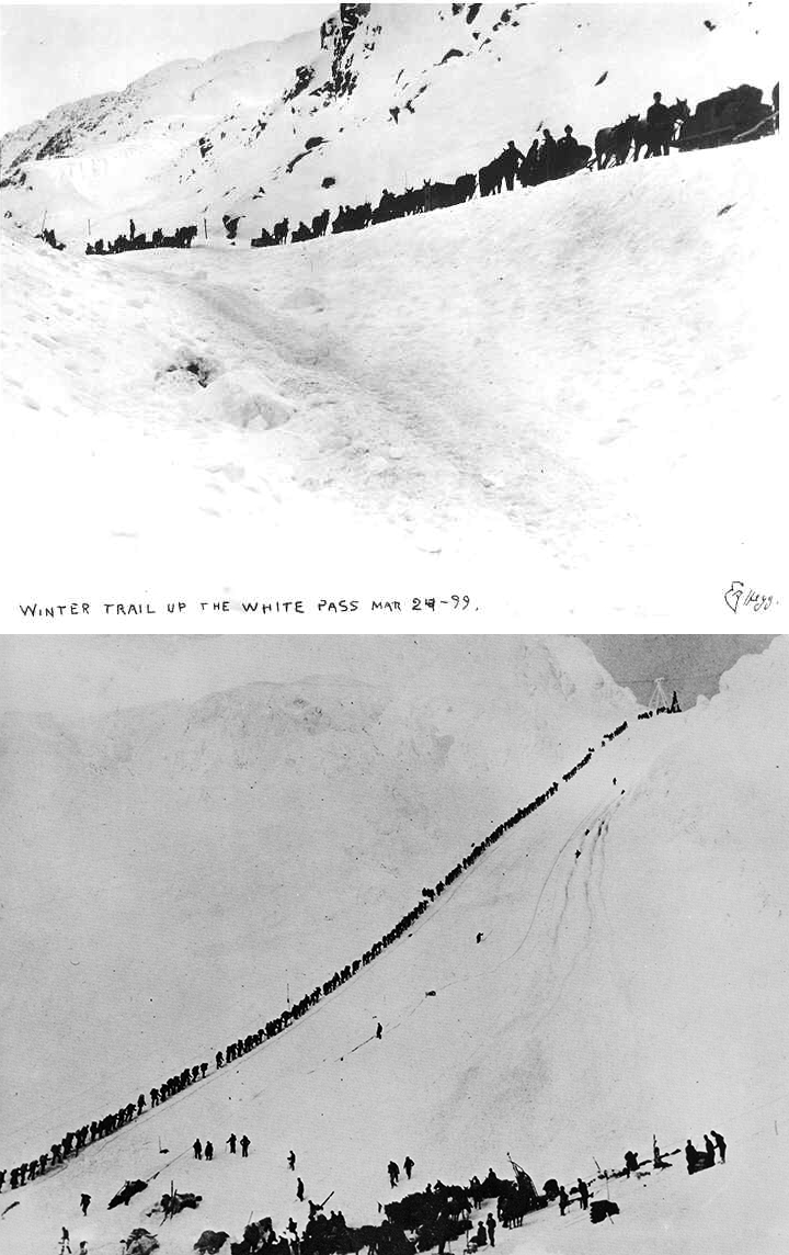 When the goldrush started, the two routes into the Klondike were White Pass, outside Skagway (top image) and Chilkoot Pass, outside Dyea.