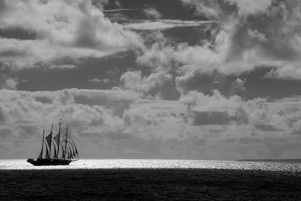 Star Clipper raises sail Black and white image