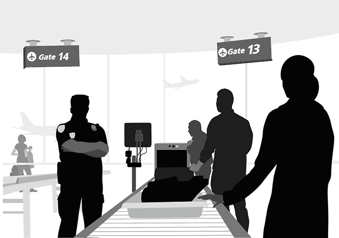 black and white graphic of airport security checkpoint