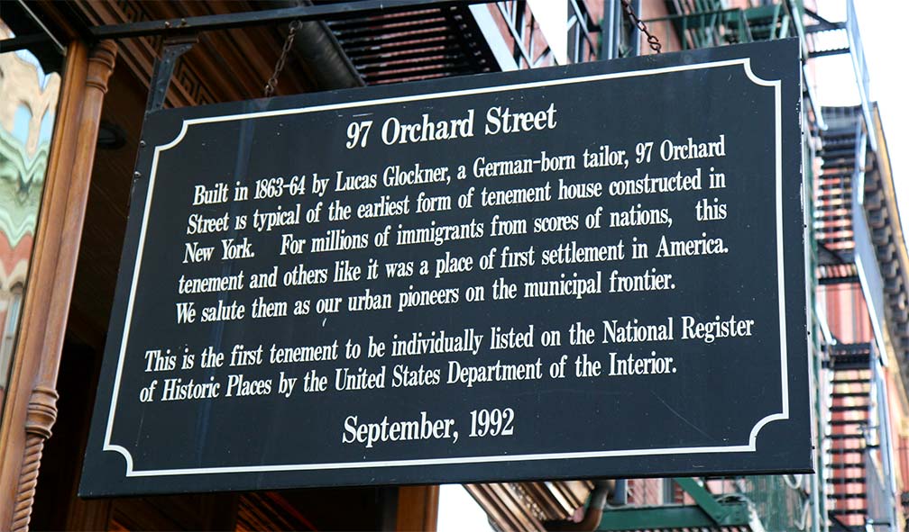 97 Orchard Street sign. The first tenement to be listed on the National Register of Historic Places.