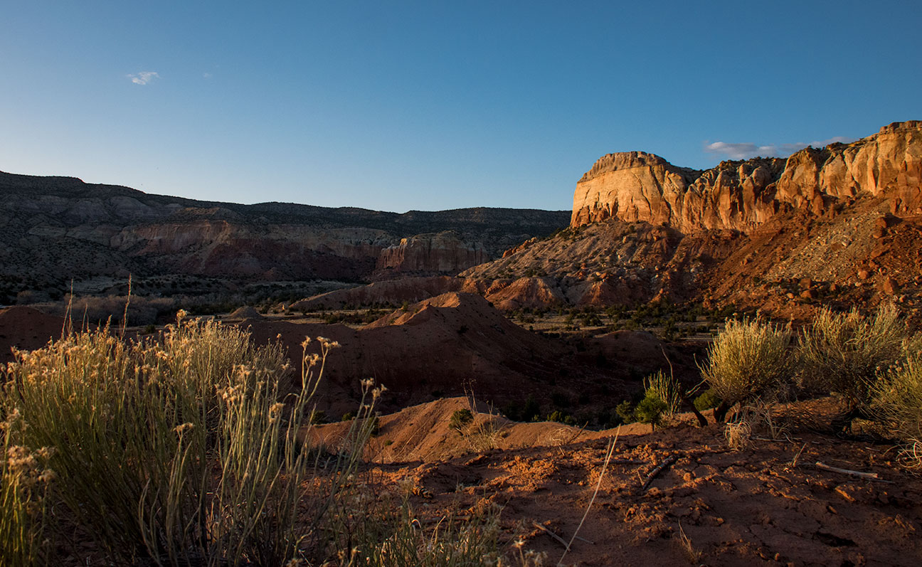 View toward Kitchen Mesa from the Matrimonial Mesa hike at sunset, Ghost Ranch New Mexico