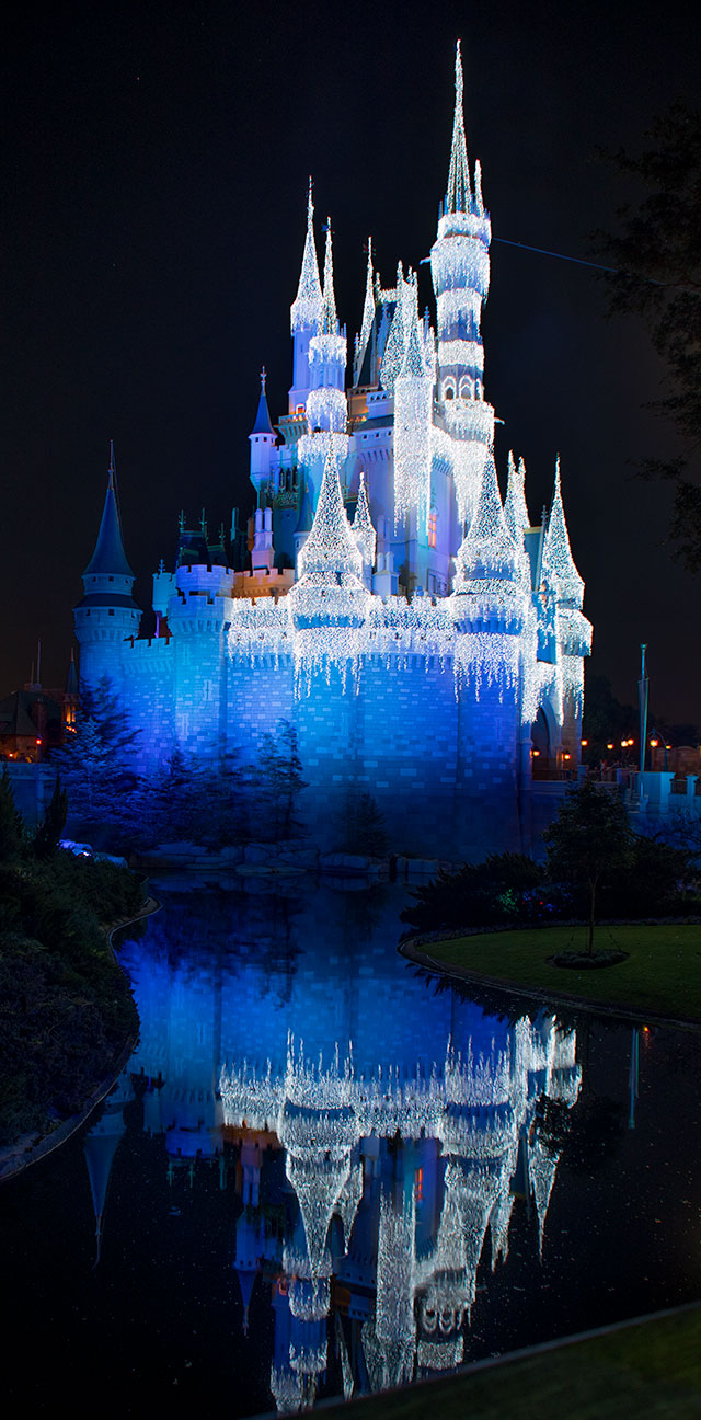 Cinderella's castle in Disney World with Christmas lights.