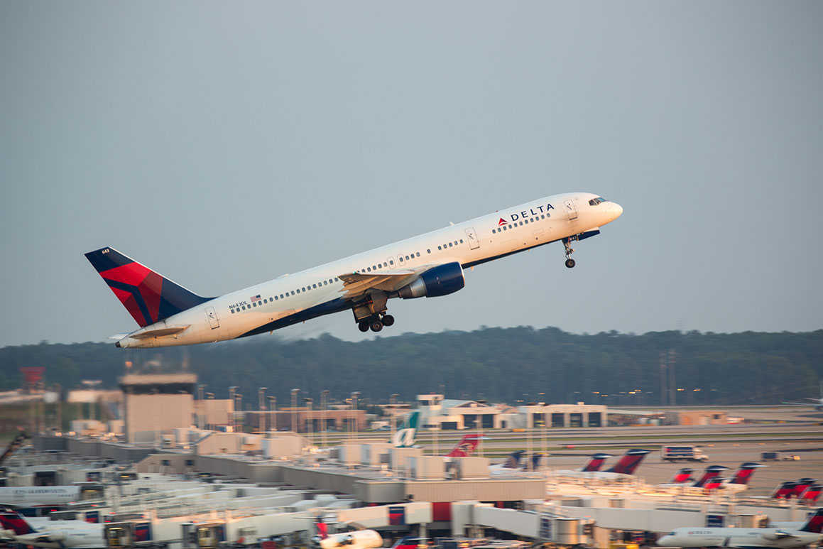 Delta flight leaves Atlanta Hartsfield-Jackson airport. Photograph, iStock Photos.