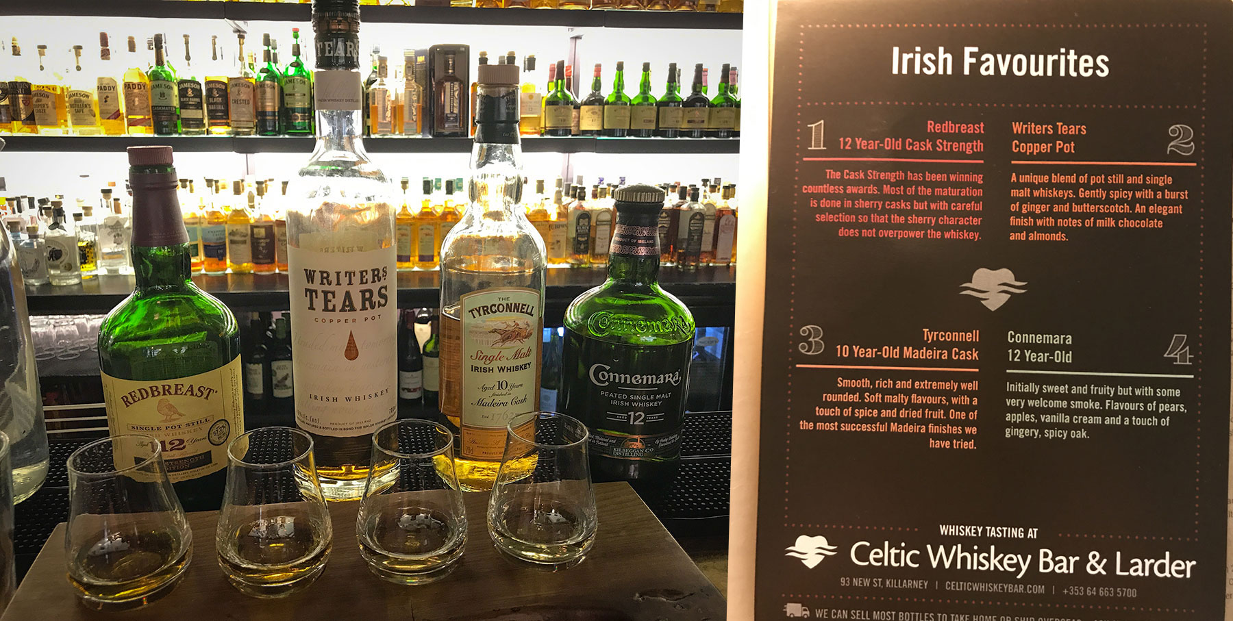 Irish Whiskey flight Celtic Whiskey Bar Killarney