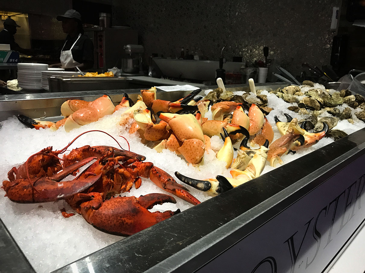 Stone crab claws, fresh lobster, and raw oysters at Blue Moon Seafood Company, Ft. Lauderdale.