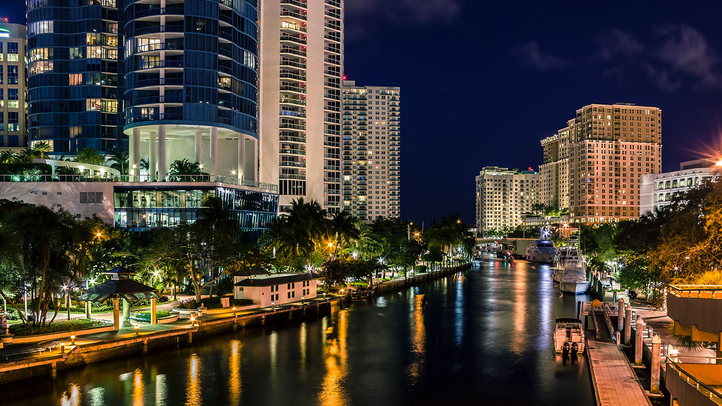 Riverwalk Arts and Entertainment District of Ft. Lauderdale at night.