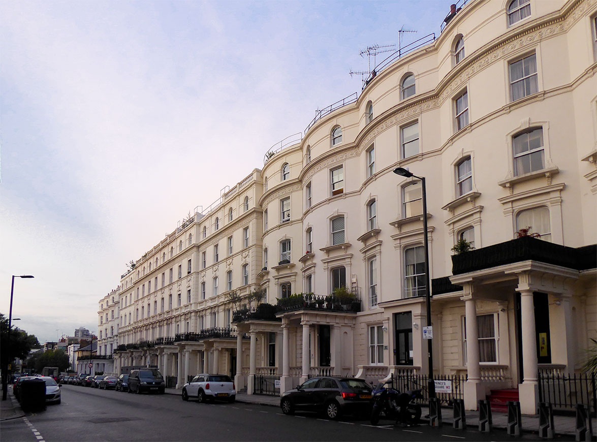 A row of Victorian townhouses in the Bayswater area of West London. 