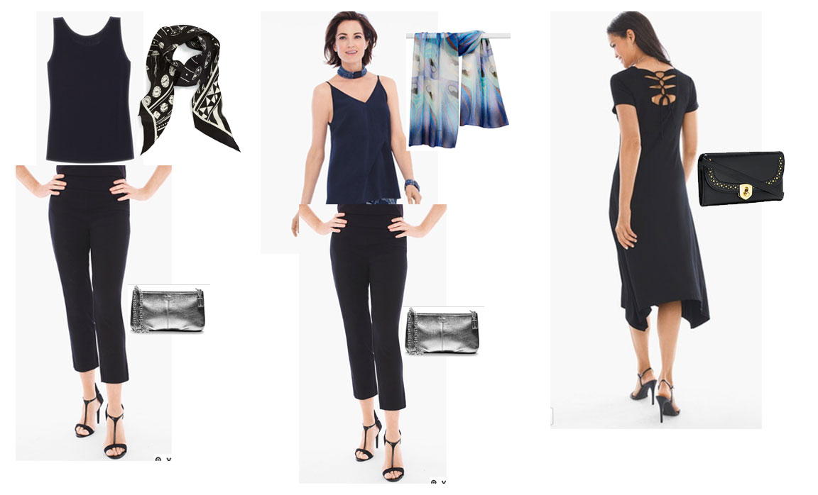 Set of possible evening wardrobe combinations from the 2 Week Cruise Capsule Wardrobe