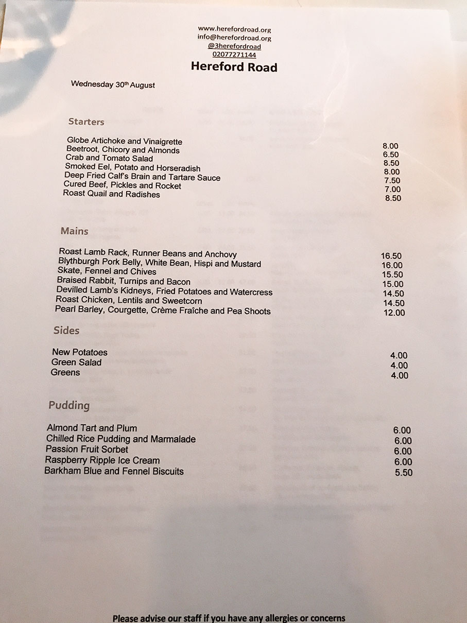 Menu at Hereford Road restaurant in Notting Hill London