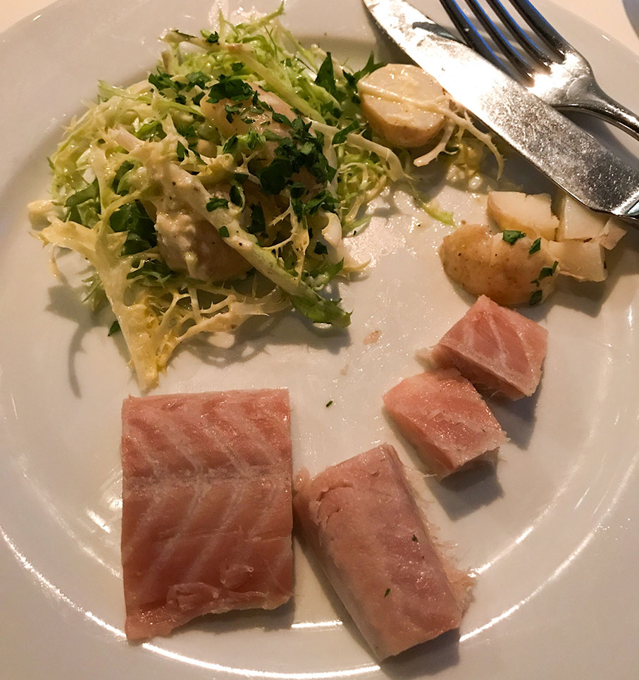 Smoked eel served cold along with potatoes and a bit of frisée. Hereford Road restaurant Notting Hill London