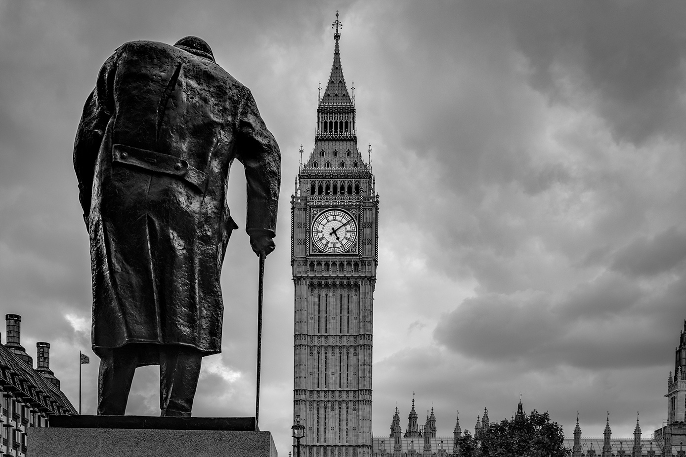 Darkest Hour: The statue of Winston Churchill looks towards the Houses of Parliament and Big Ben. Photograph