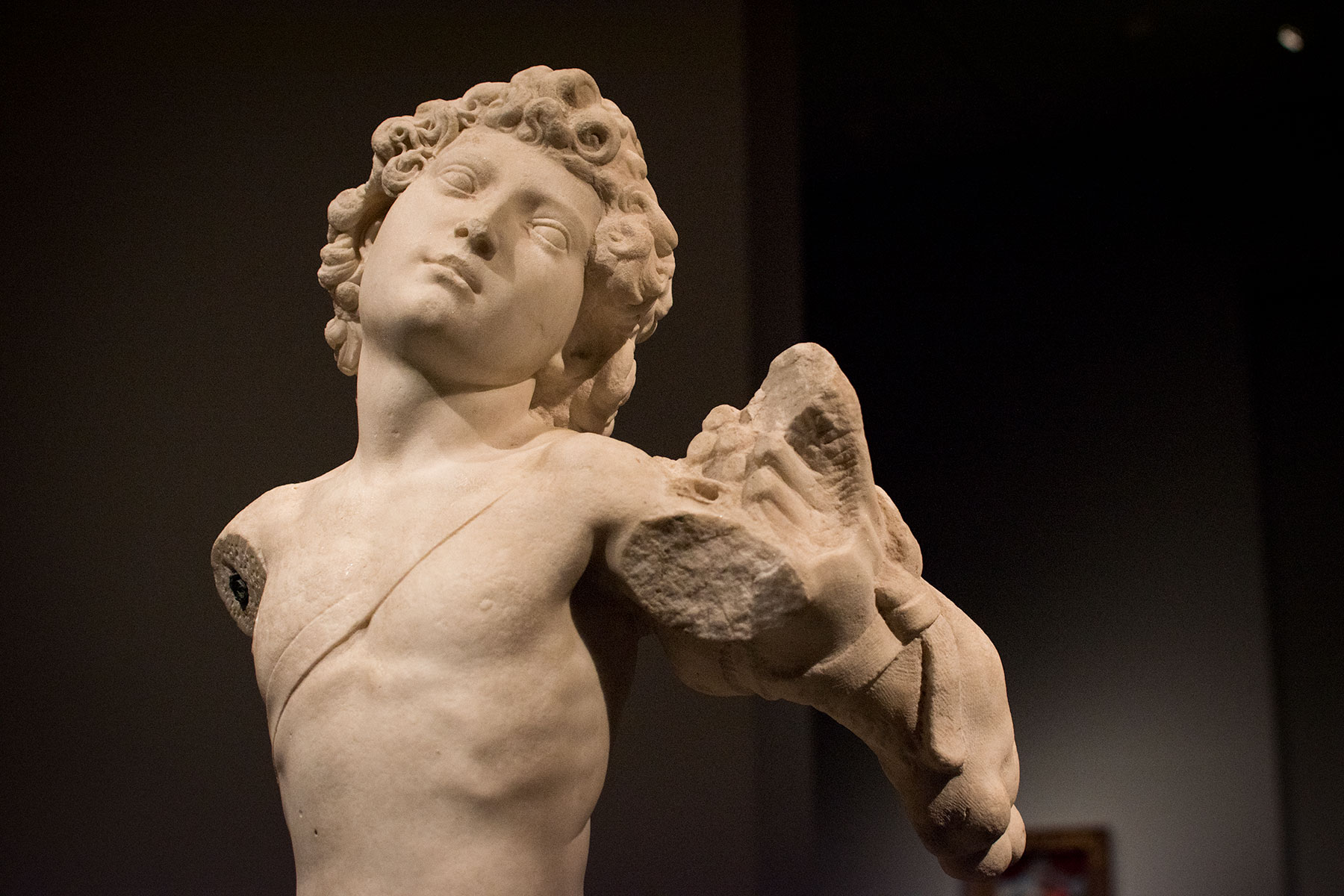 Detail of the Young Archer, by Michelangelo displayed in the exhibit Michelangelo Divine Draftsman and Designer exhibit at the Metropolitan Museum of Art in New York