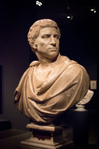 Michelangelo with some assistance from Tiberio Calcagni. Bust of Brutus (unfinished). displayed in the exhibit Michelangelo Divine Draftsman and Designer exhibit at the Metropolitan Museum of Art in New York