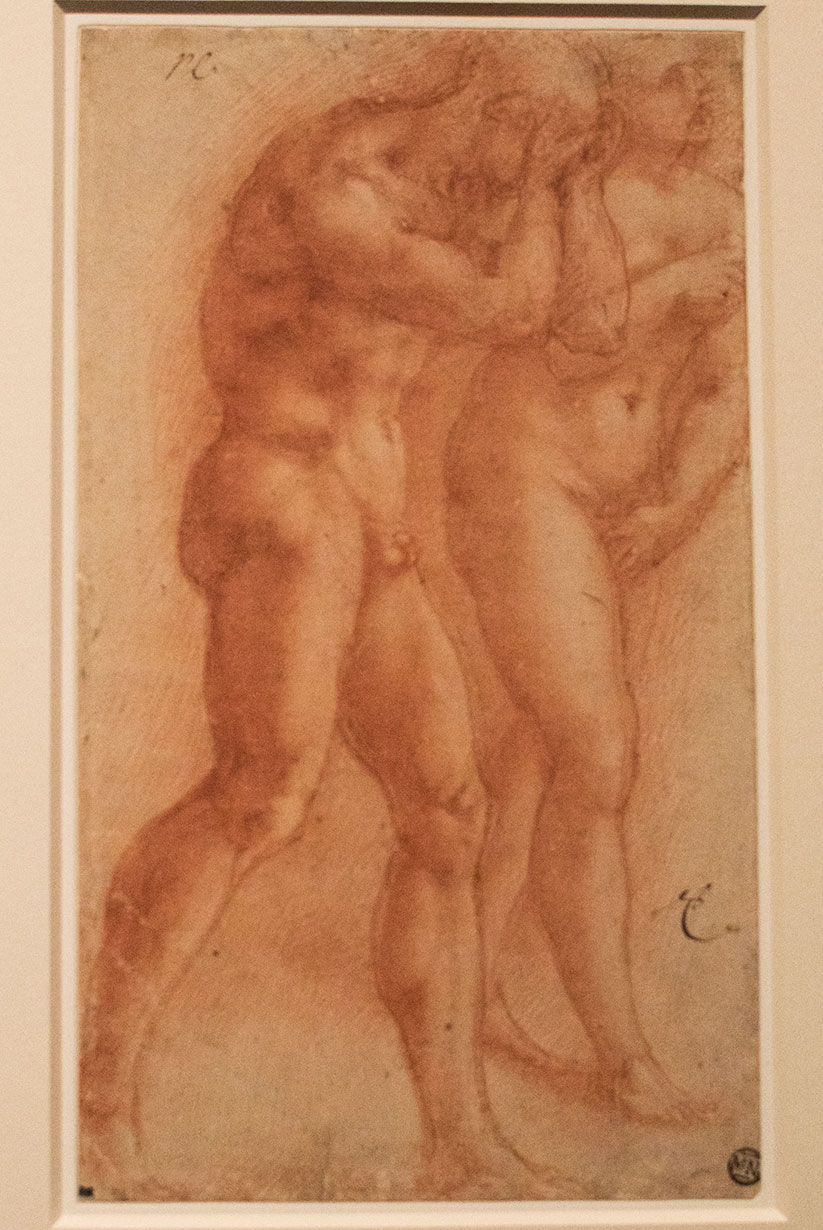 Michelangelo's sketch of Masaccio's fresco Expulsion from the Garden displayed in the exhibit Michelangelo Divine Draftsman and Designer exhibit at the Metropolitan Museum of Art in New York