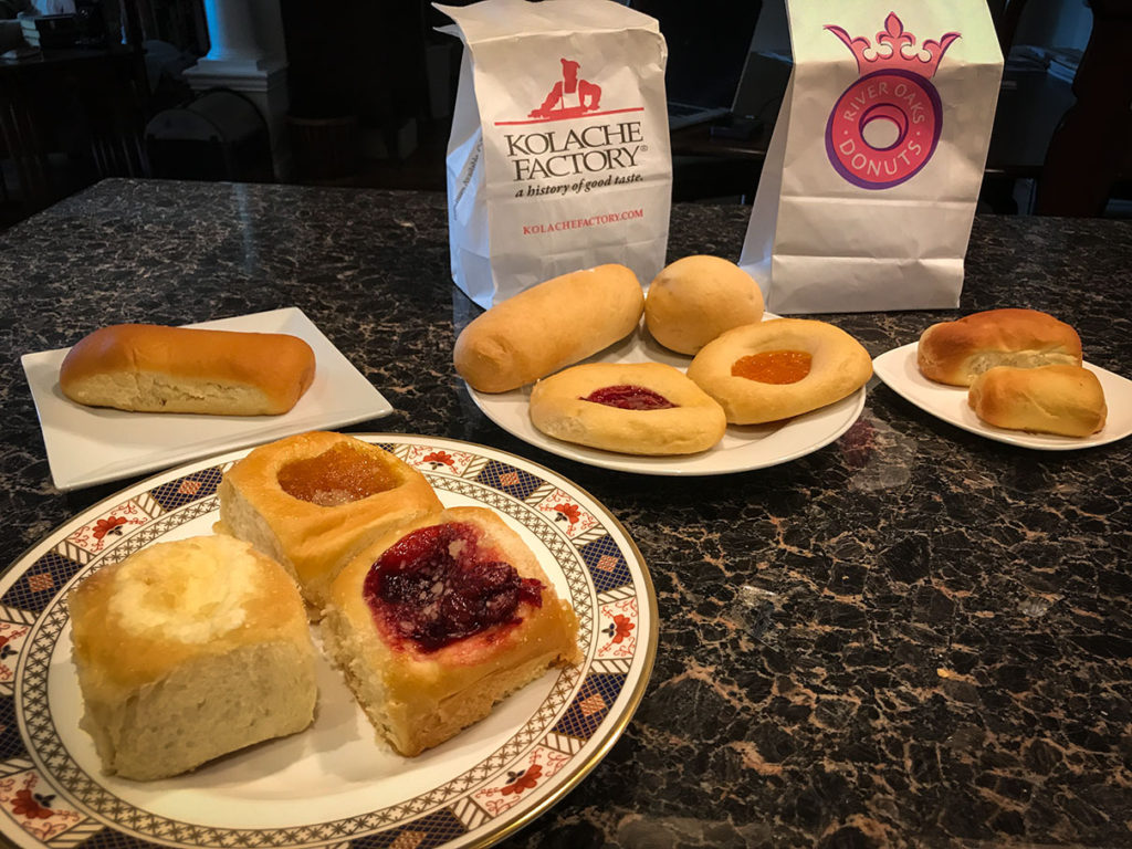 (Left) Olde Towne Kolaches -- cream cheese, cherry, apricot, with sausage on the plate behind. (Middle) Kolache Factory cherry, apricot, barbecue, and Polish sausage. (Right) River Oaks Donuts sausage and piglet