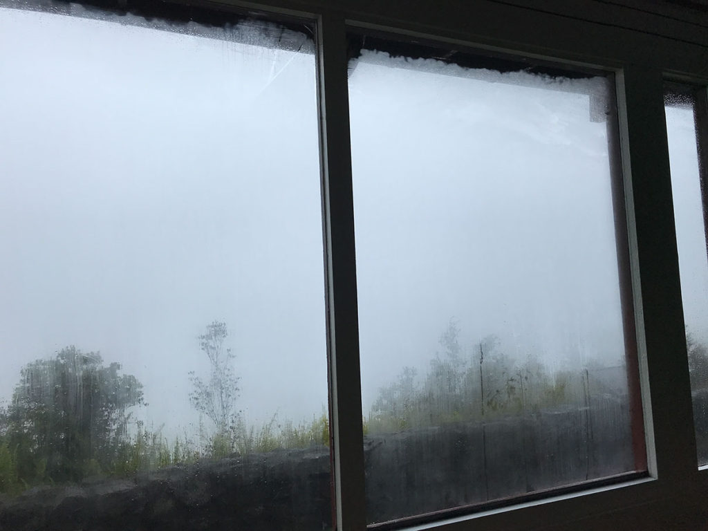 Foggy view outside of Volcano House Hawaii, volcano inn, volcanoes national park hotel
