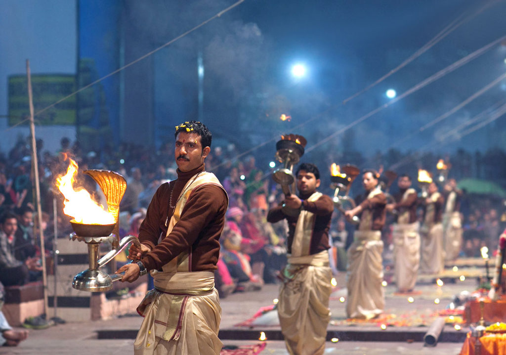 Varanasi, India. Indian Brahmins conducts religious Ganga Maha Aarti ceremony.
