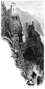 19th century engraving of the Botallack mine on the coast of Cornwall.