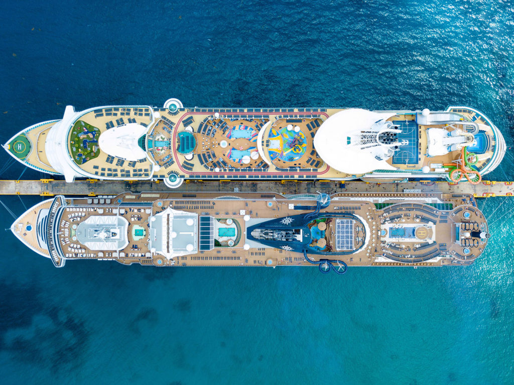 Aerial view of cruise ships docked side by side