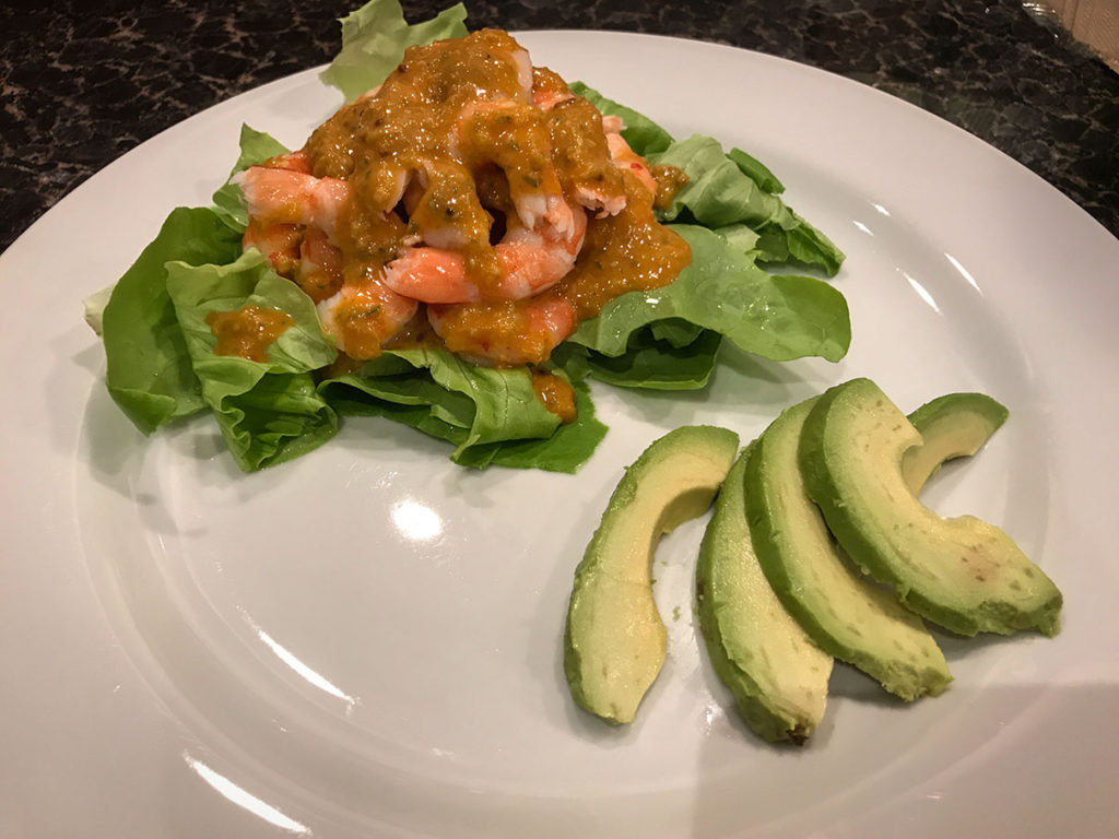 Shrimp remoulade with sliced avocado