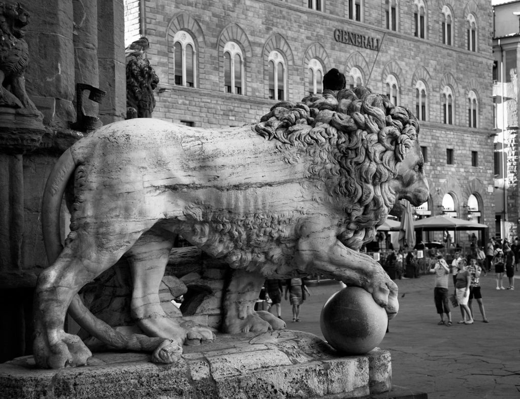 One of the Medici Lions in the Loggia dei Lanzi, in the Piazza della Signoria in Florence.