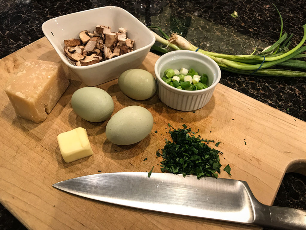 Gathering and prepping omelette ingredients