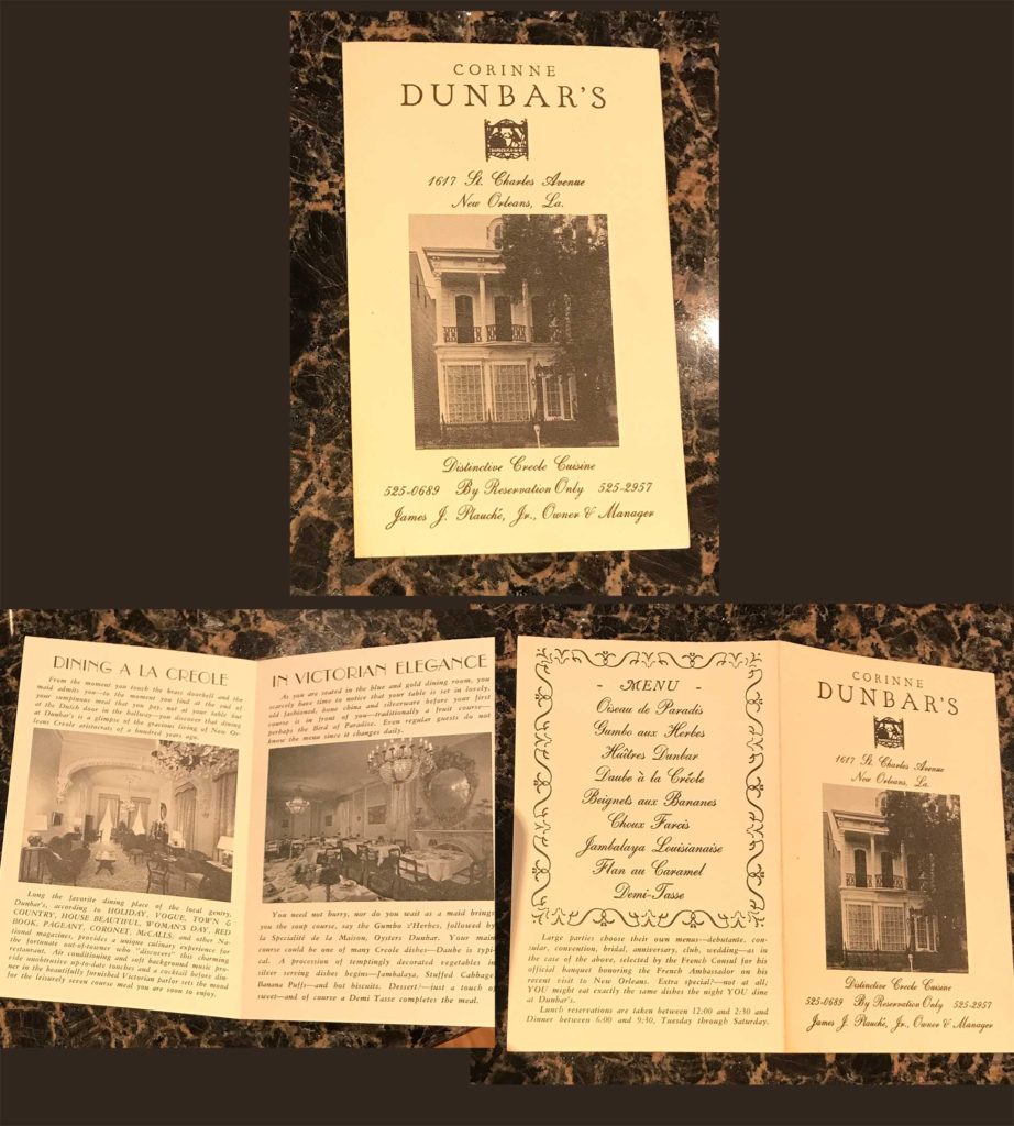 Authentic Corinne Dunbar's restaurant menu from New Orleans