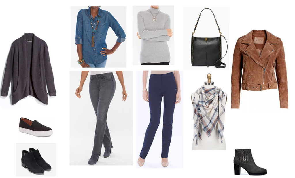 Second set of outfit ideas, travel capsule wardrobe in grey and dark blue