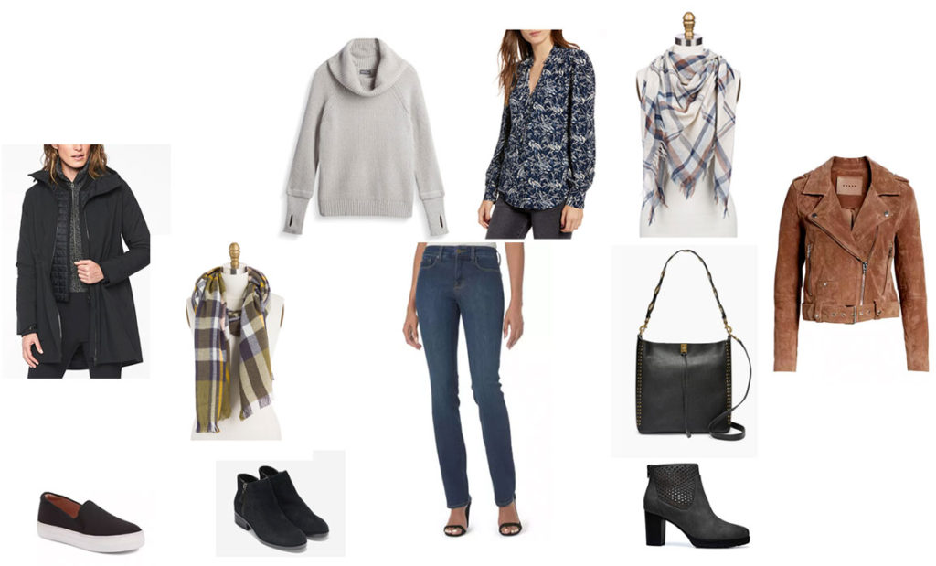 Third set of outfit ideas for a Travel Capsule wardrobe in grey and dark blue