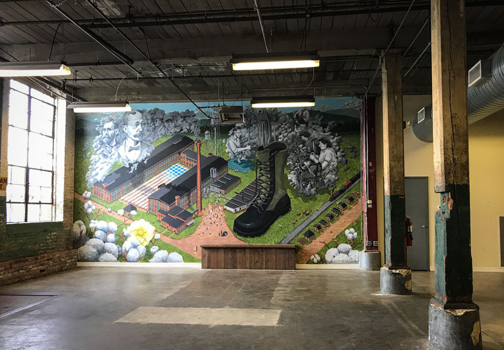 Things to do in Huntsville: Visit Lowe Mill -- Mural at Lowe Mill Arts and Entertainment complex -- in a space used for parties and events.