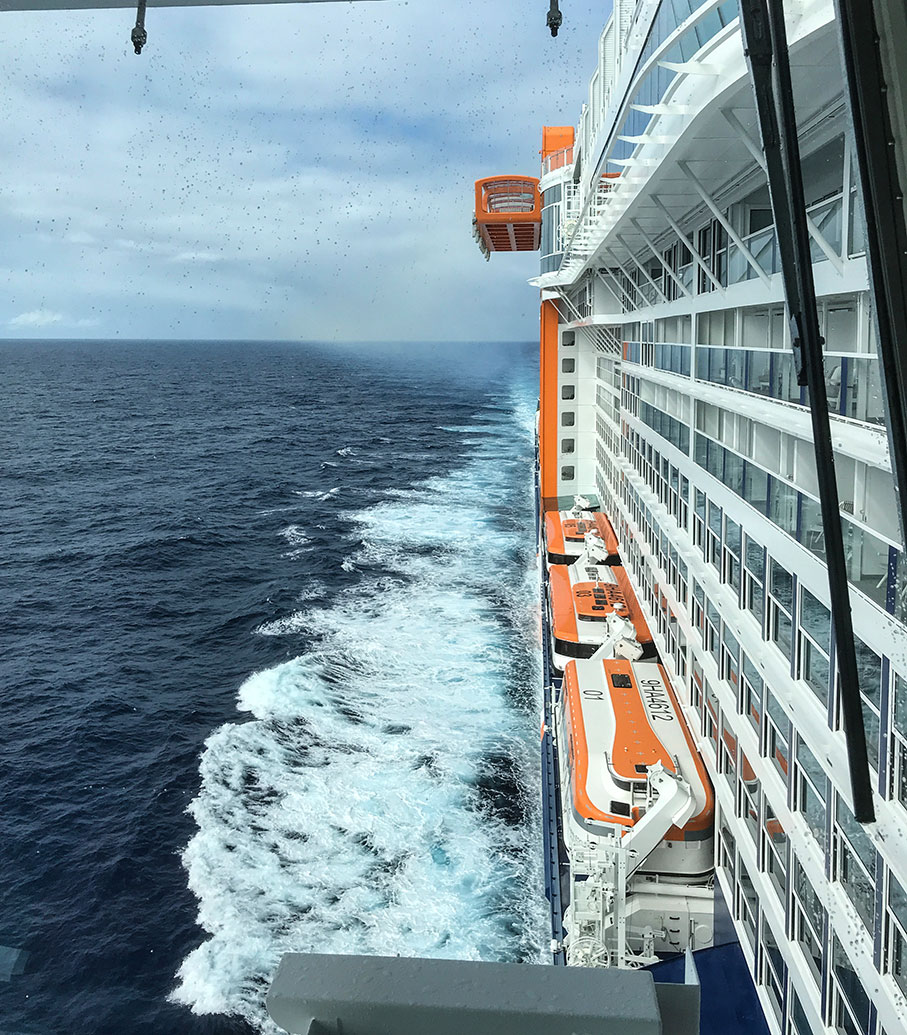 View from the bridge of Celebrity's new ship, the Edge, looking towards the Magic Carpet