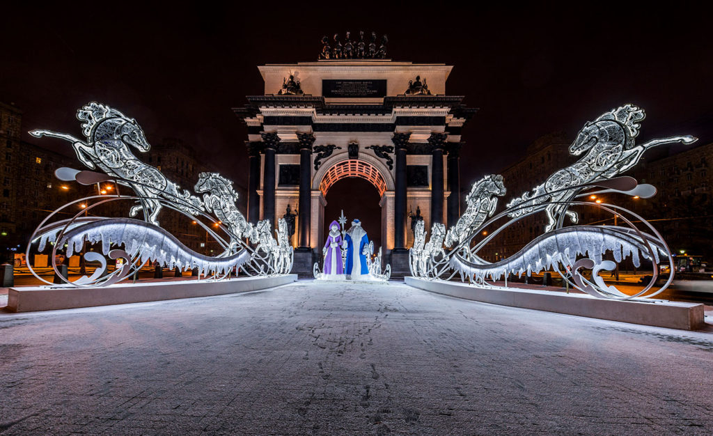 Christmas lights and decoration at the Triumphal Arch in Moscow