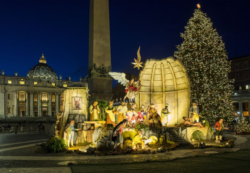 Nativity scene and Christmas tree in front of St. Peter's in Rome