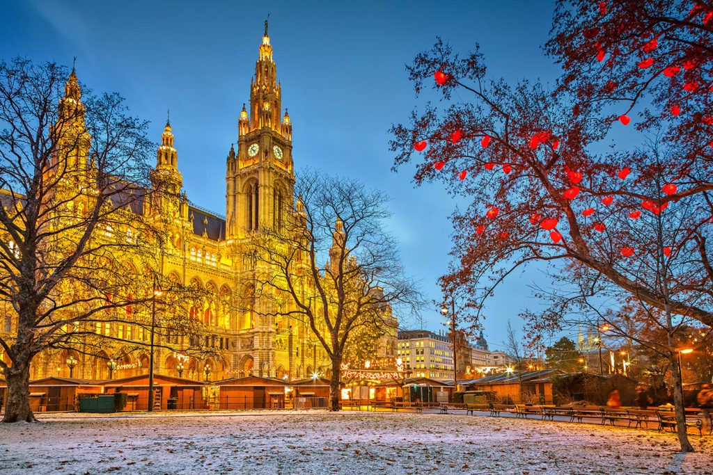 Vienna Town Hall at dusk during Christmas