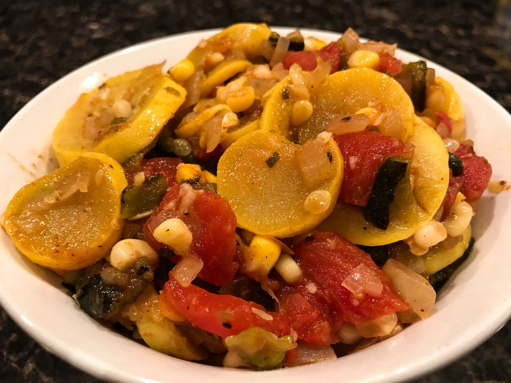 Squash and corn, with tomatoes and roasted poblano peppers