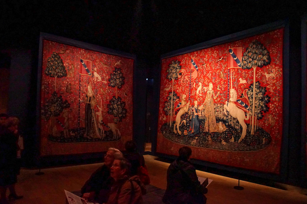 Red unicorn tapestries in the Cluny Museum Paris